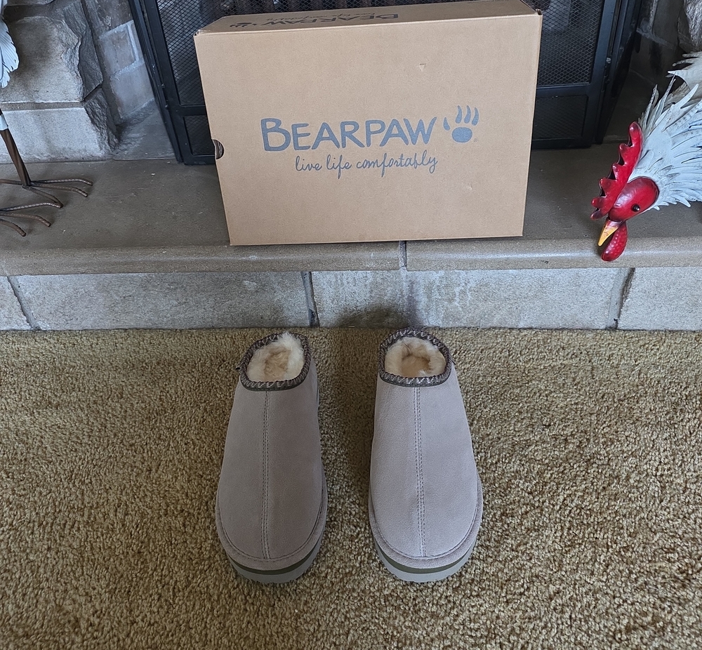 BearPaw Women's Tan Suede Slip-On Slippers with Cream Fur Trim